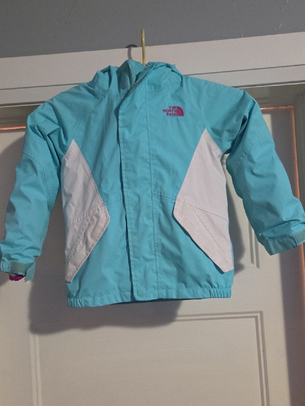 The North Face Aqua and White Hooded Kids Raincoat